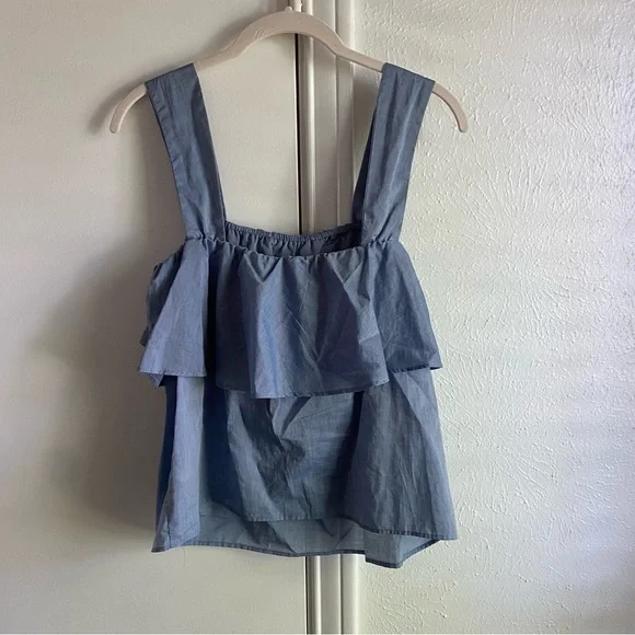 Who What Wear Tiered Chambray Blue Tank Top - Picture 7 of 16